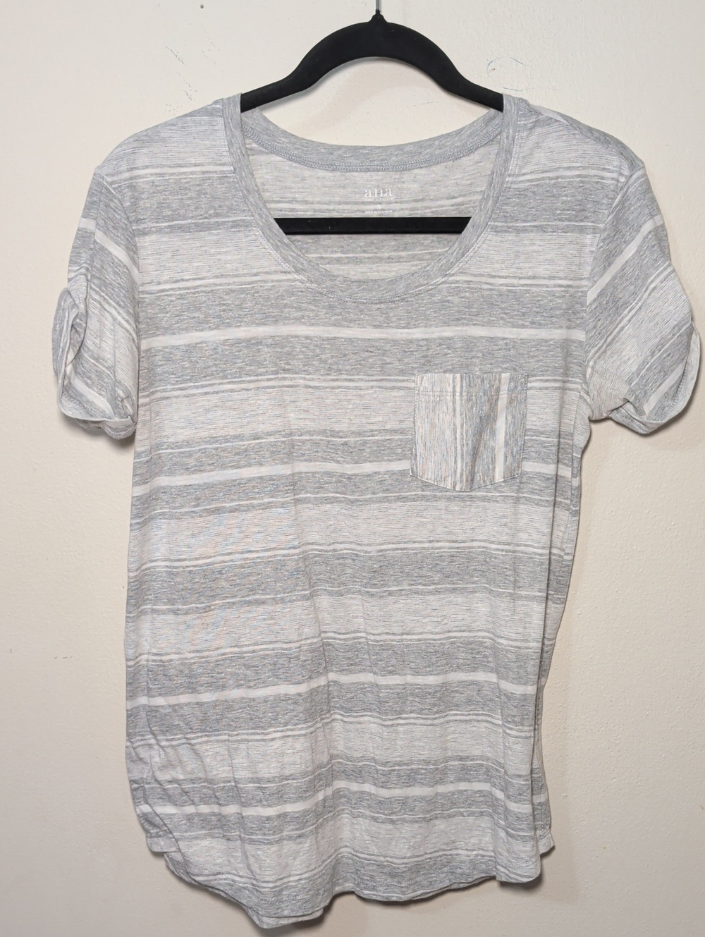 A.N.A. Gray + White Striped T-shirt with Cuffed Sleeves, Pocket Women's Size S